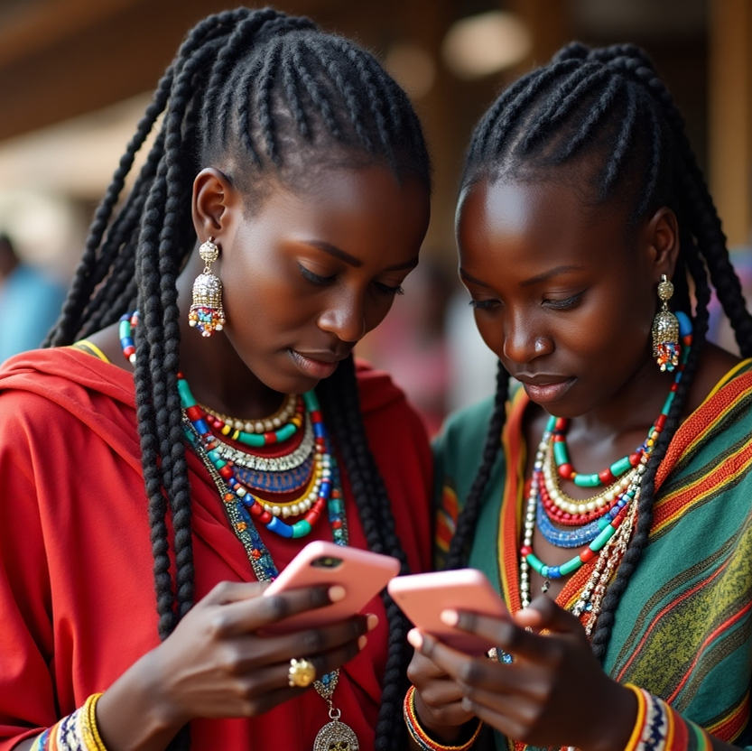Central Banking Standards. Two Maasai women making a digital payment on their smartphones
